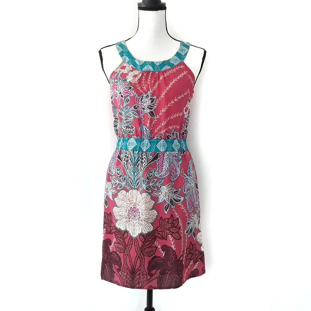 GLAM 100% Silk Red Floral Keyhole Back Mini Dress